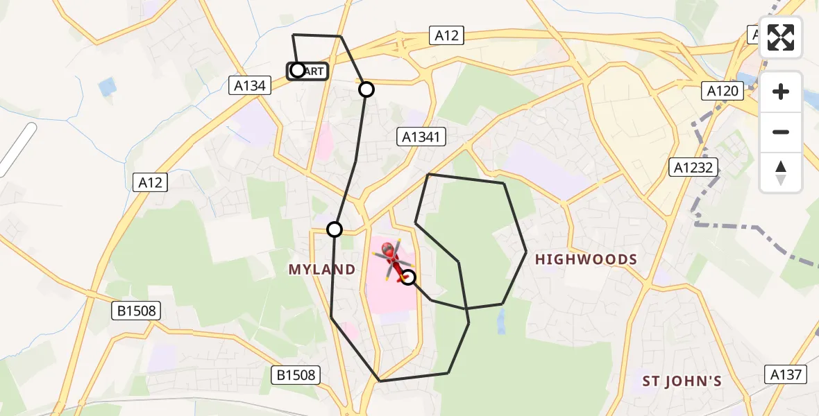 Flight route Air Ambulance Helicopter Horkesley Heath - Colchester Hospital, 10 August 2026, 10:58
