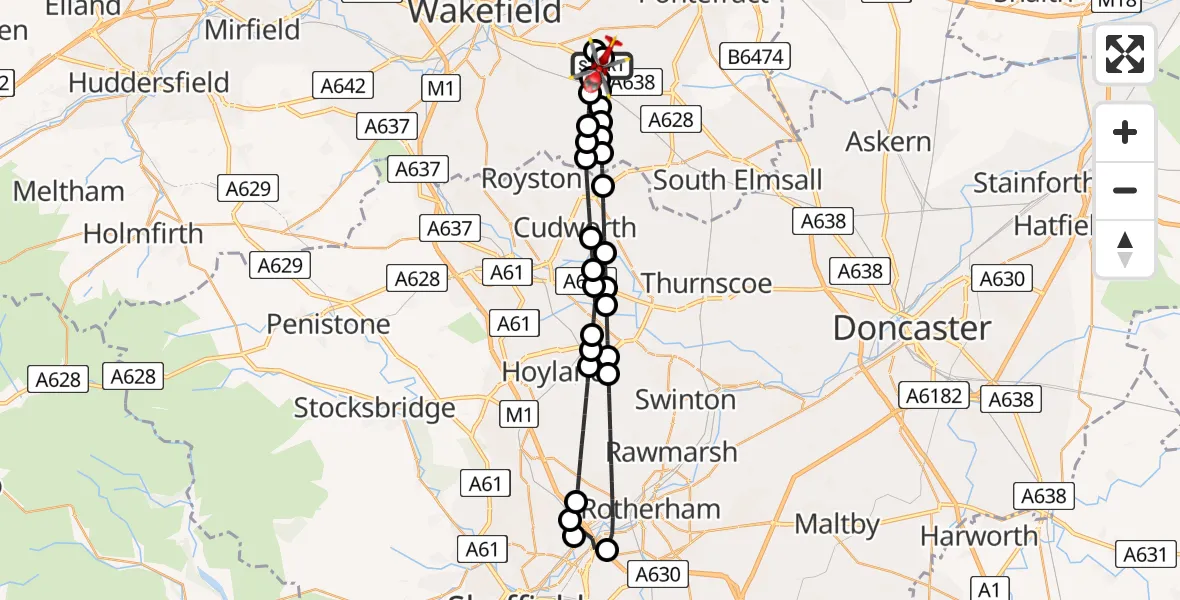 Flight route Air Ambulance Helicopter YAA Nostell Helicopter Port - YAA Nostell Helicopter Port, 10 August 2026, 10:59