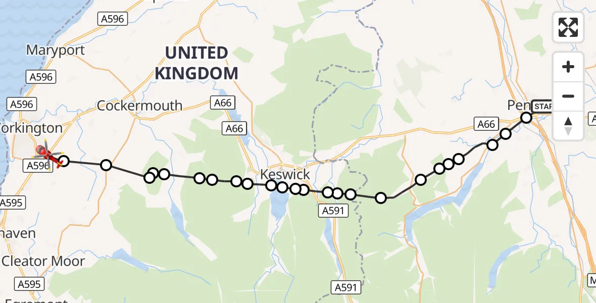 Flight route Air Ambulance Helicopter Penrith - Lillyhall, 10 August 2026, 11:06