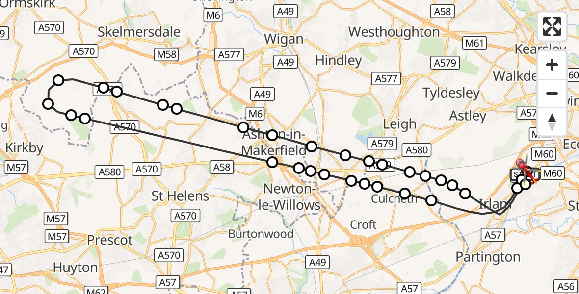Flight route Air Ambulance Helicopter Manchester Barton Aerodrome - Worsley, 10 August 2026, 11:07