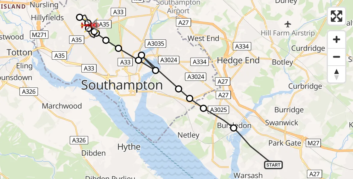Flight route Air Ambulance Helicopter Fareham - University Hospital Southampton, 10 August 2026, 11:17