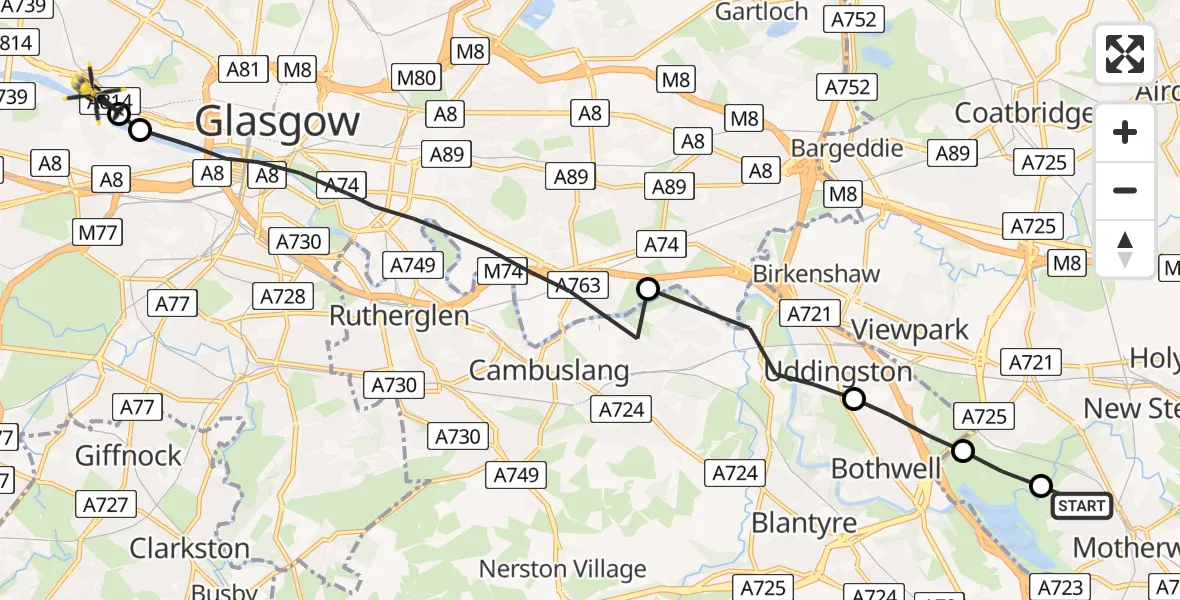 Flight route Police Helicopter Motherwell - Glasgow, 10 August 2026, 11:19