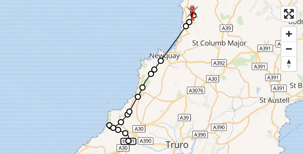 Flight route Air Ambulance Helicopter Blackwater - St. Eval, 10 August 2026, 11:25