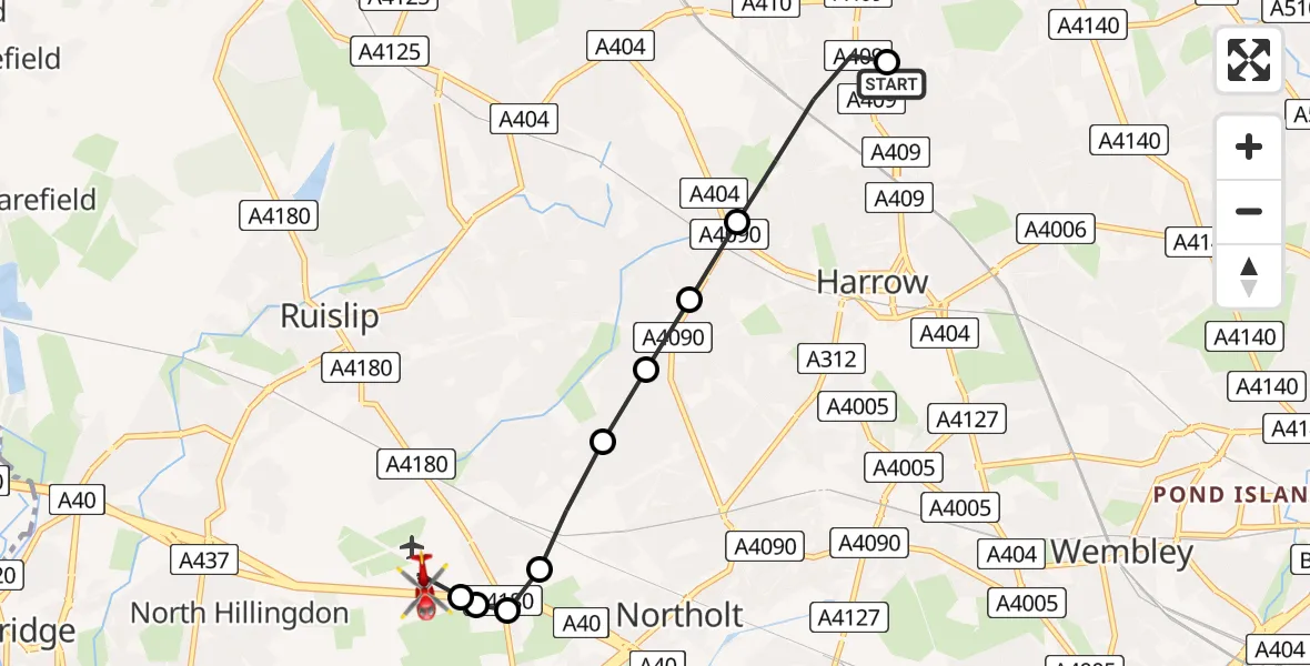 Flight route Air Ambulance Helicopter Harrow Weald - RAF Northolt, 10 August 2026, 11:26