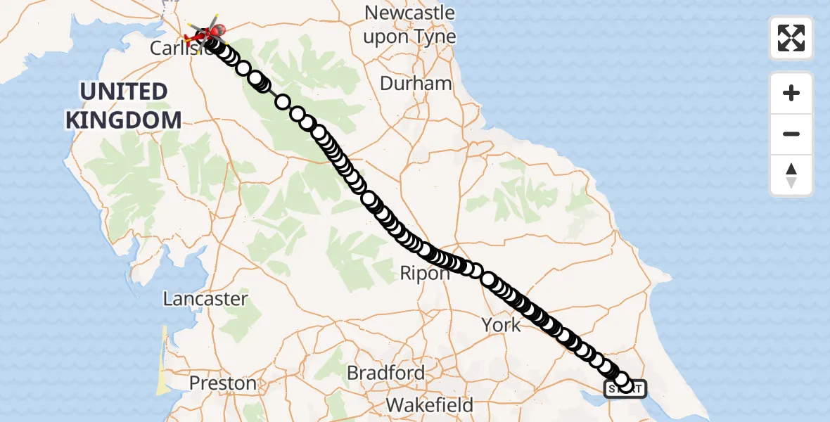 Flight route Air Ambulance Helicopter Hull Royal Infirmary - Carlisle Lake District Airport, 10 August 2026, 11:30