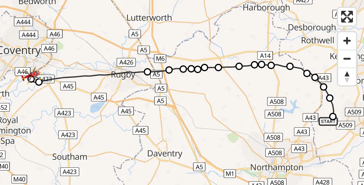 Flight route Air Ambulance Helicopter Mears Ashby - Coventry Airport, 10 August 2026, 11:49