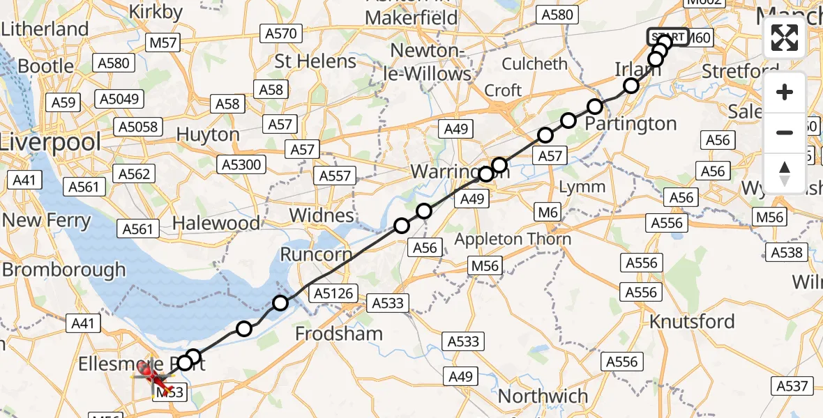 Flight route Air Ambulance Helicopter Manchester Barton Aerodrome - Ellesmere Port, 10 August 2026, 11:53