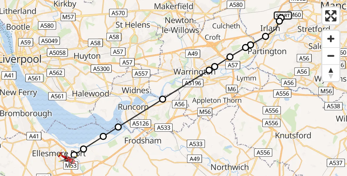 Flight route Air Ambulance Helicopter Manchester Barton Aerodrome - Ellesmere Port, 10 August 2026, 11:54