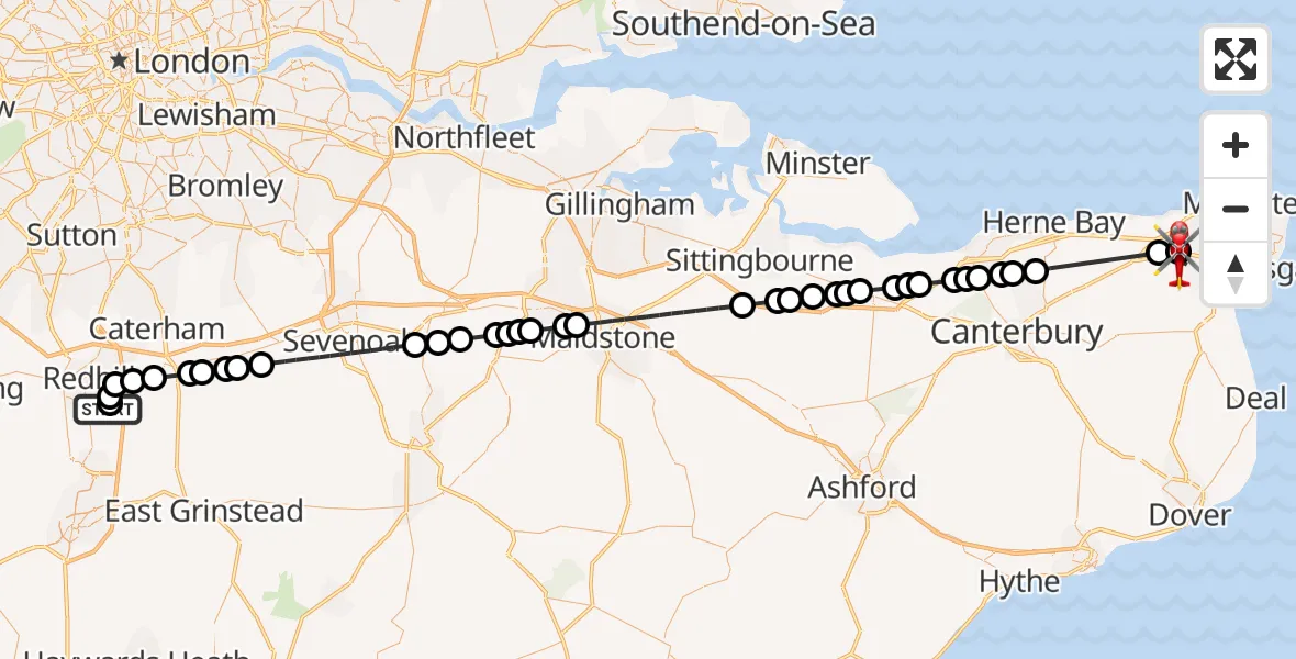 Flight route Air Ambulance Helicopter Redhill Aerodrome - Minster, 10 August 2026, 11:56