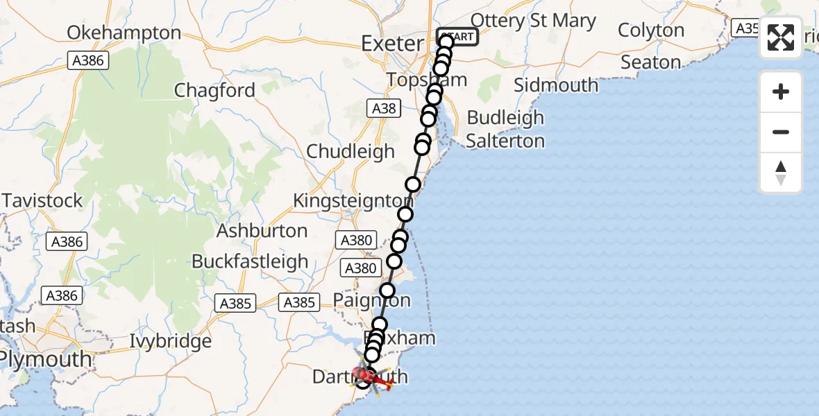 Flight route Air Ambulance Helicopter Exeter International Airport - Kingswear, 10 August 2026, 11:59