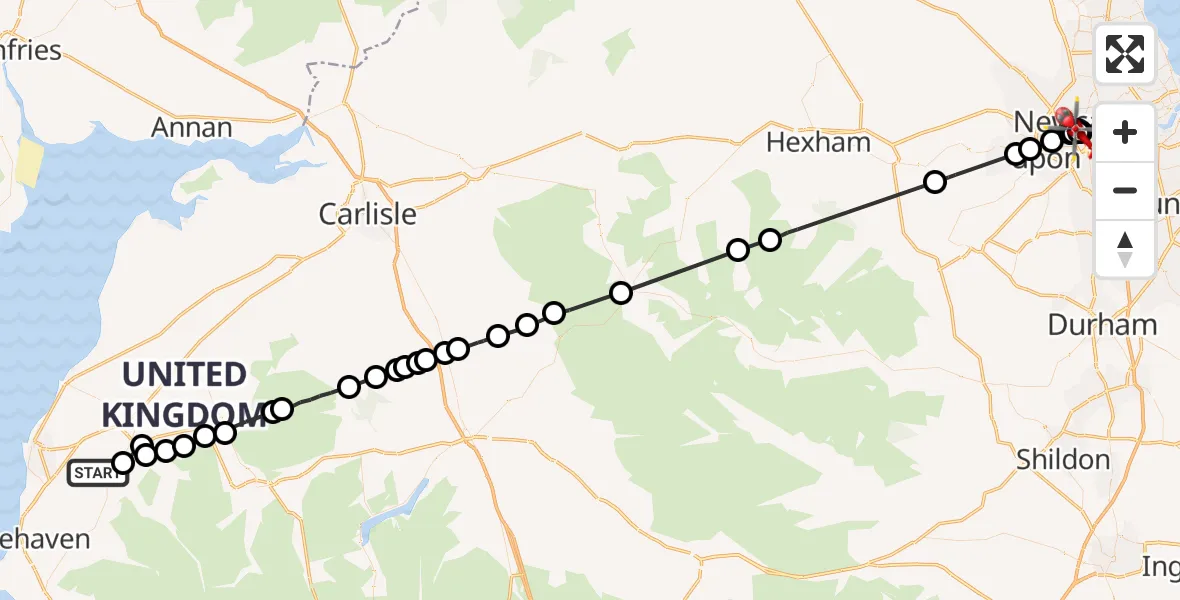 Flight route Air Ambulance Helicopter Branthwaite - Newcastle Royal Victoria Infirmary, 10 August 2026, 11:59