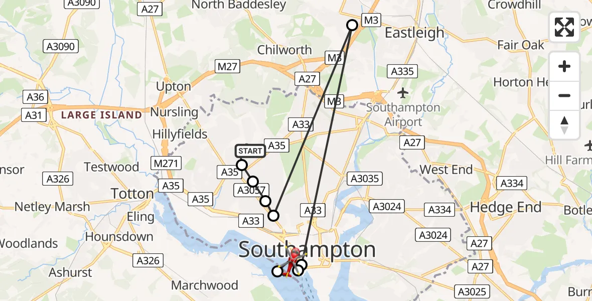 Flight route Air Ambulance Helicopter University Hospital Southampton - New Forest, 10 August 2026, 12:00