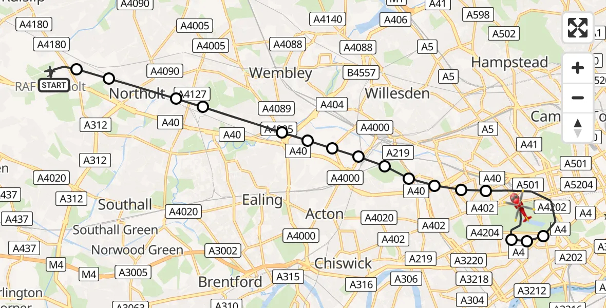 Flight route Air Ambulance Helicopter RAF Northolt - City of Westminster, 10 August 2026, 12:02
