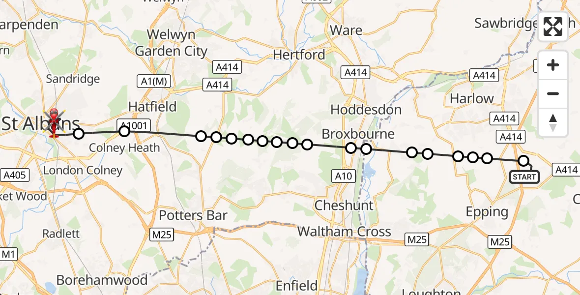 Flight route Air Ambulance Helicopter North Weald Airfield - St Albans, 10 August 2026, 12:07