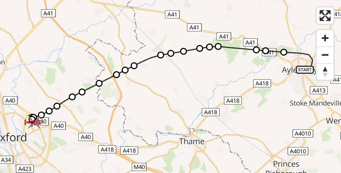 Flight route Air Ambulance Helicopter Aylesbury - Oxford, 10 August 2026, 12:08