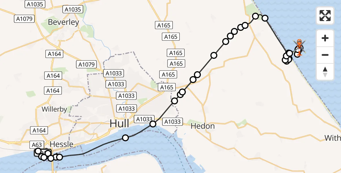 Flight route Coastguard Helicopter North Ferriby - North Sea, 10 August 2026, 12:12
