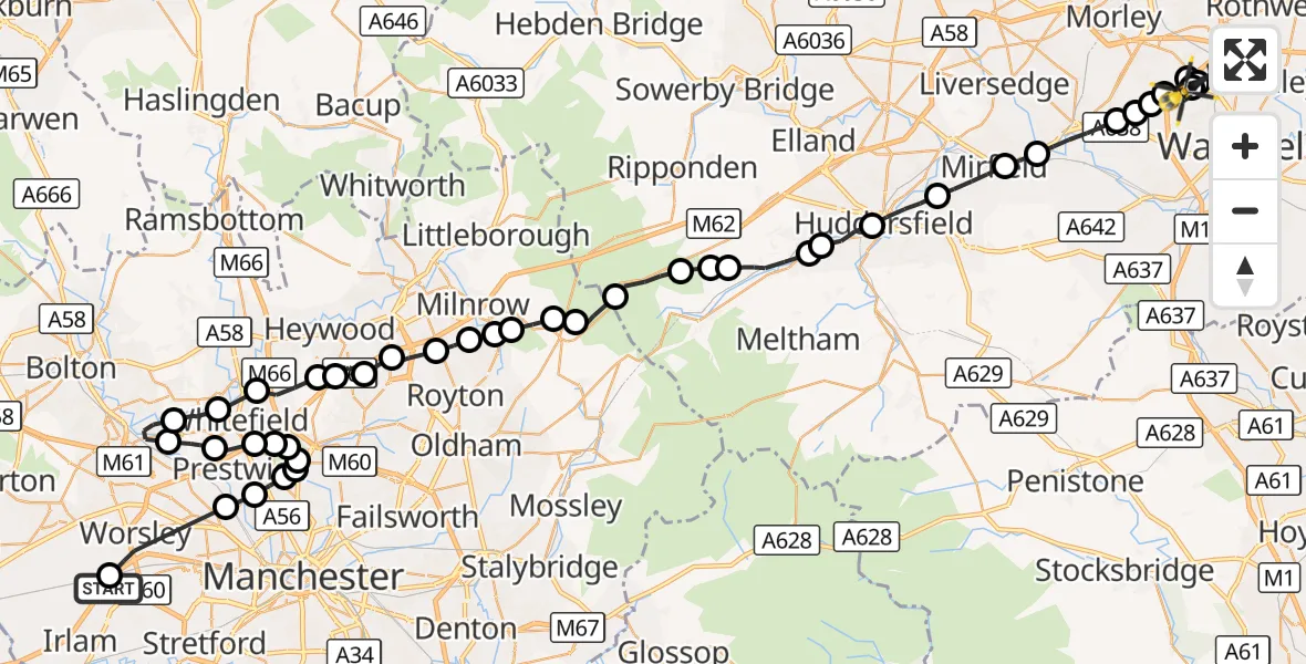 Flight route Police Helicopter Manchester Barton Aerodrome - East Ardsley, 10 August 2026, 12:21