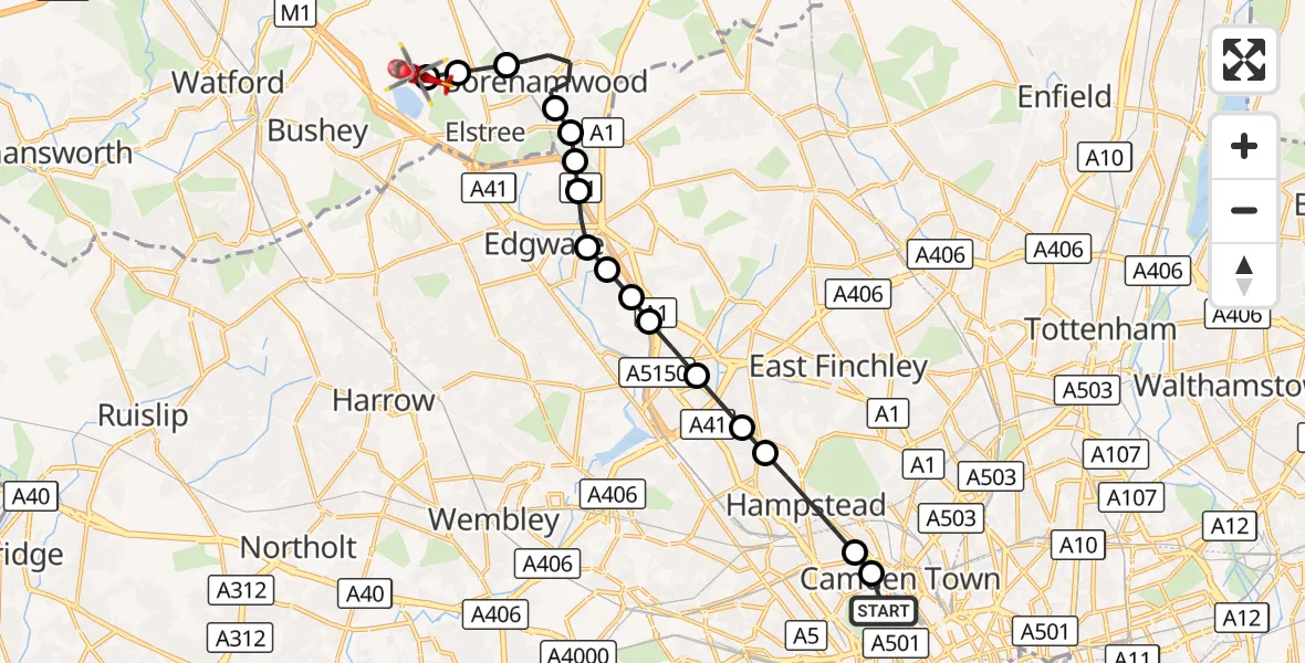 Flight route Air Ambulance Helicopter Chalk Farm - Elstree Airfield, 10 August 2026, 12:24