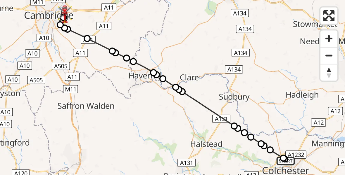 Flight route Air Ambulance Helicopter Colchester Hospital - Cambridge City Airport, 10 August 2026, 12:24