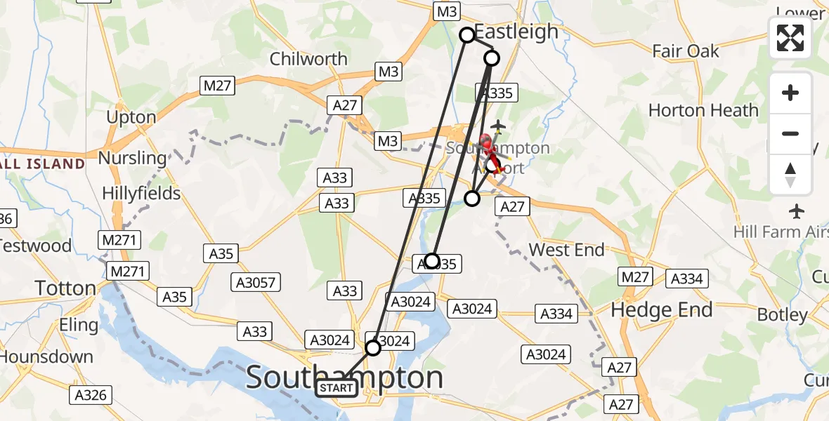 Flight route Air Ambulance Helicopter St Mary's - Southampton Airport, 10 August 2026, 12:25