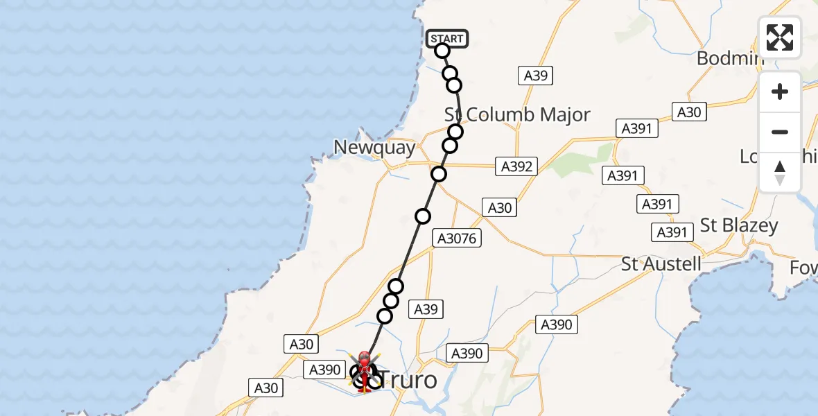 Flight route Air Ambulance Helicopter St. Eval - Treliske Hospital, 10 August 2026, 12:26