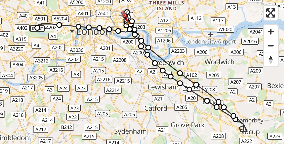 Flight route Air Ambulance Helicopter City of Westminster - Royal London Hospital, 10 August 2026, 12:30