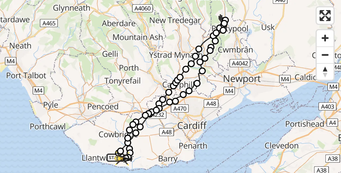 Flight route Police Helicopter Boverton - MOD St Athan, 10 August 2026, 12:31