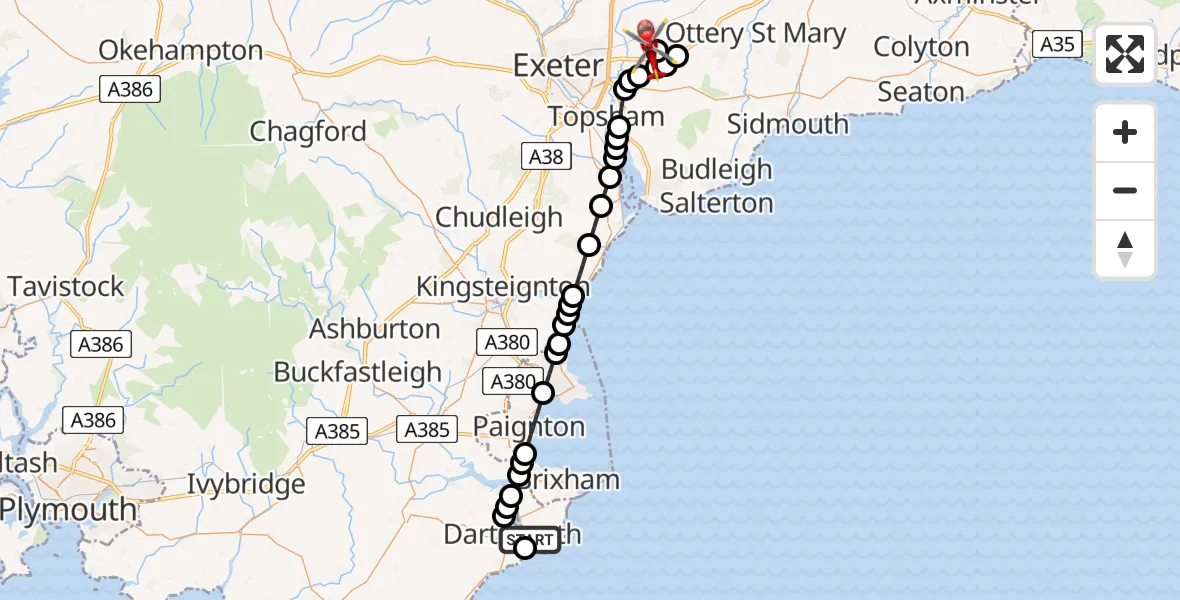 Flight route Air Ambulance Helicopter Kingswear - Exeter International Airport, 10 August 2026, 12:33