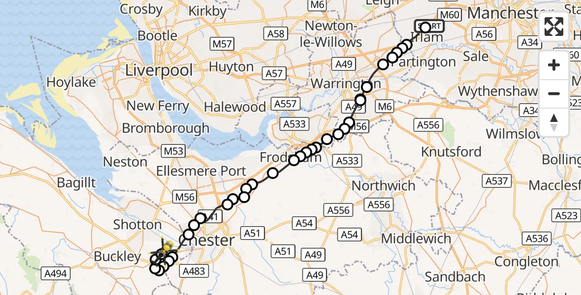 Flight route Police Helicopter Irlam - Hawarden Airport, 10 August 2026, 12:41