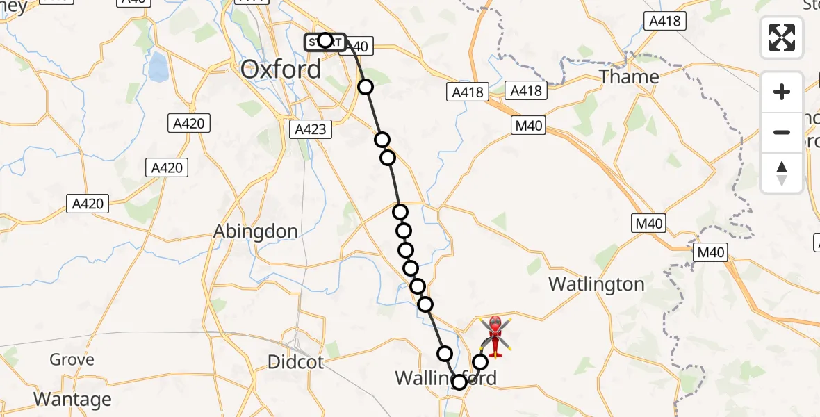 Flight route Air Ambulance Helicopter John Radcliffe Hospital - RAF Benson, 10 August 2026, 12:47