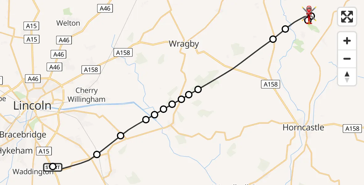 Flight route Air Ambulance Helicopter RAF Waddington - East Lindsey, 10 August 2026, 12:50