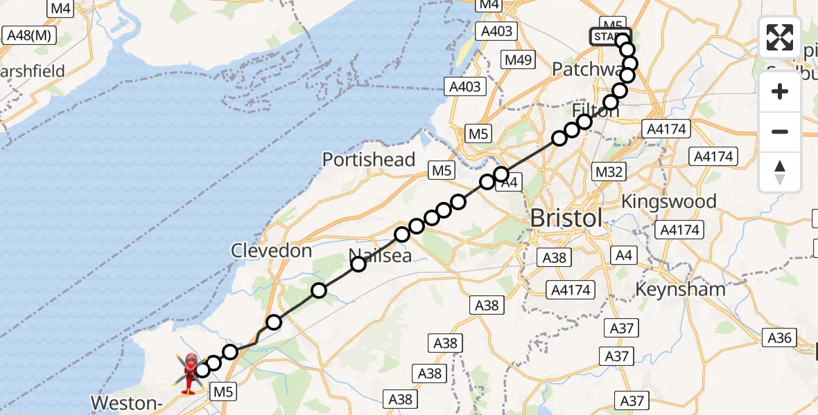 Flight route Air Ambulance Helicopter Almondsbury Helicopter Base - Weston-super-Mare, 10 August 2026, 12:52