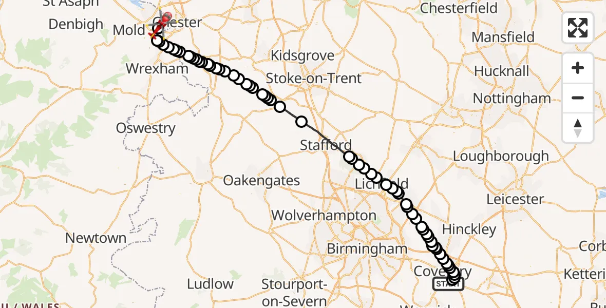 Flight route Air Ambulance Helicopter Coventry Airport - Hawarden Airport, 10 August 2026, 12:55