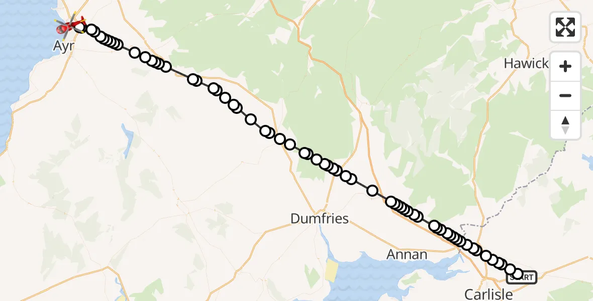 Flight route Air Ambulance Helicopter Carlisle Lake District Airport - Glasgow Prestwick Airport, 10 August 2026, 13:00