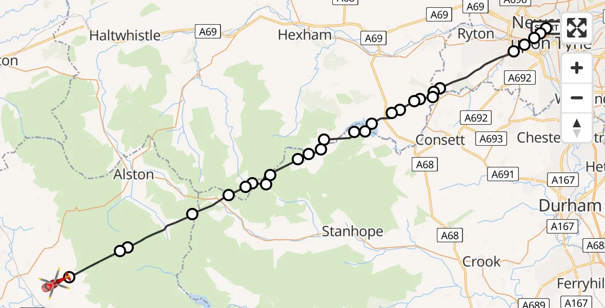 Flight route Air Ambulance Helicopter Newcastle Royal Victoria Infirmary - Blencarn, 10 August 2026, 13:03
