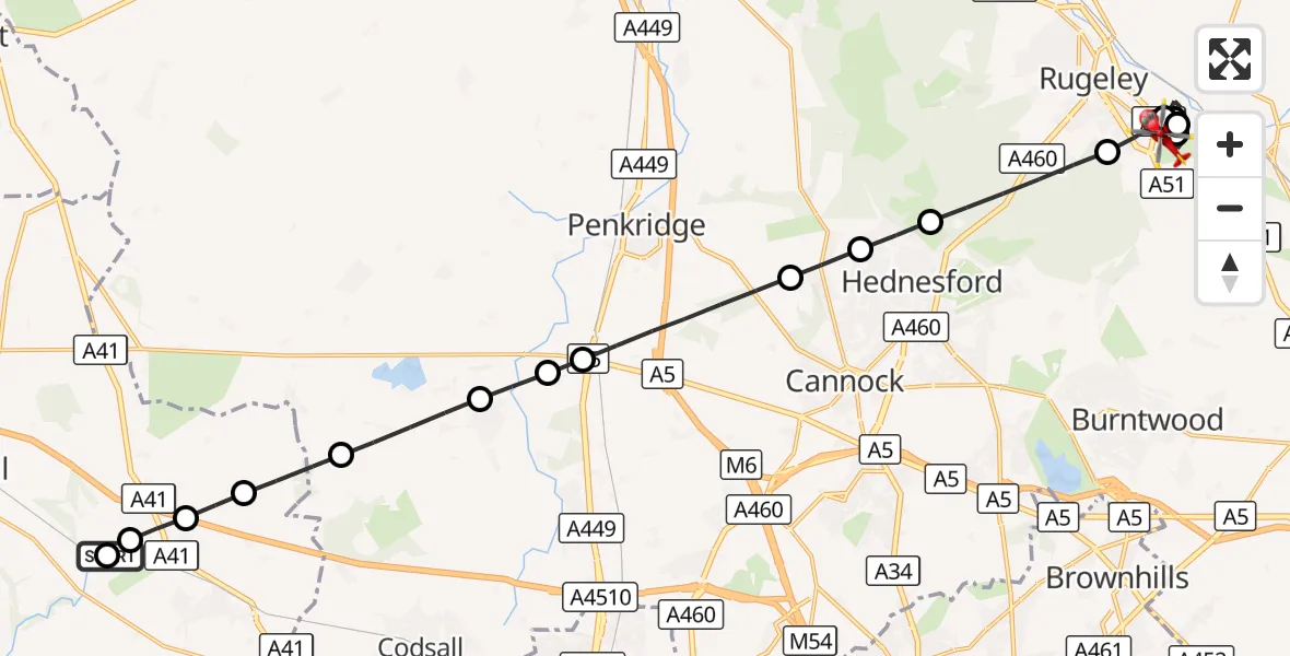 Flight route Air Ambulance Helicopter RAF Cosford - Armitage, 10 August 2026, 13:07