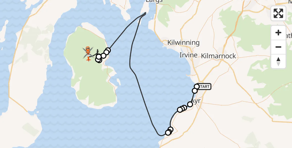Flight route Coastguard Helicopter Glasgow Prestwick Airport - North Ayrshire, 10 August 2026, 13:13