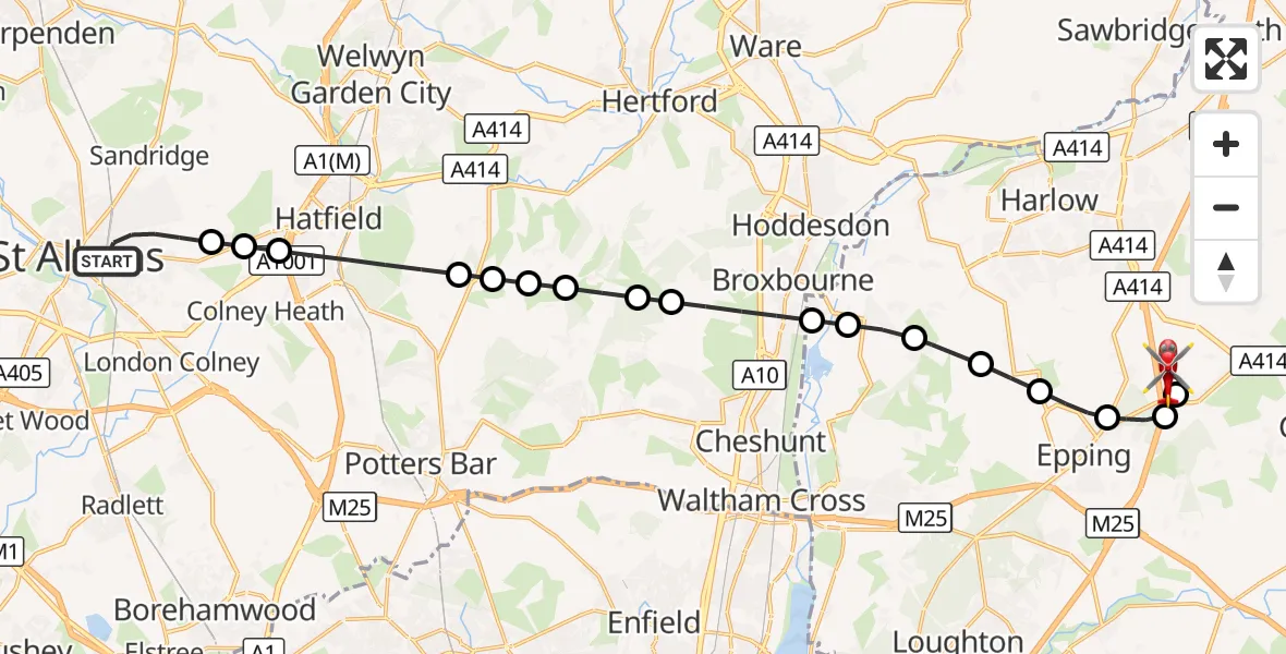 Flight route Air Ambulance Helicopter St Albans - North Weald Airfield, 10 August 2026, 13:14