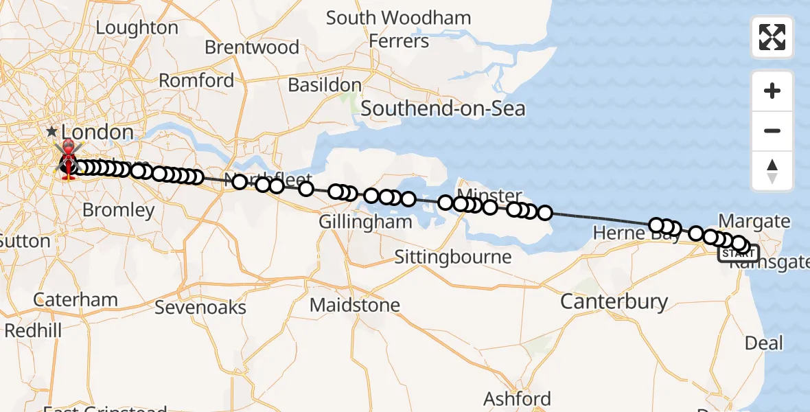 Flight route Air Ambulance Helicopter Manston Airport - Kings College London Hospital, 10 August 2026, 13:15