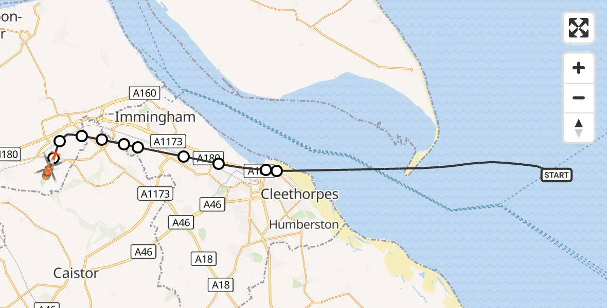 Flight route Coastguard Helicopter North Sea - Humberside Airport, 10 August 2026, 13:17