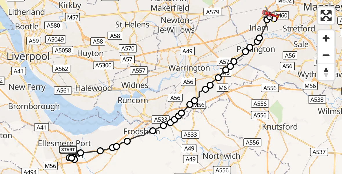 Flight route Air Ambulance Helicopter Ellesmere Port - Manchester Barton Aerodrome, 10 August 2026, 13:18