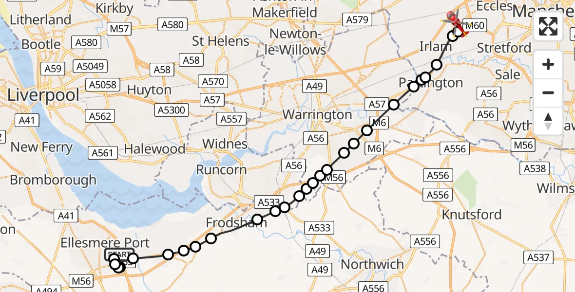 Flight route Air Ambulance Helicopter Ellesmere Port - Worsley, 10 August 2026, 13:18