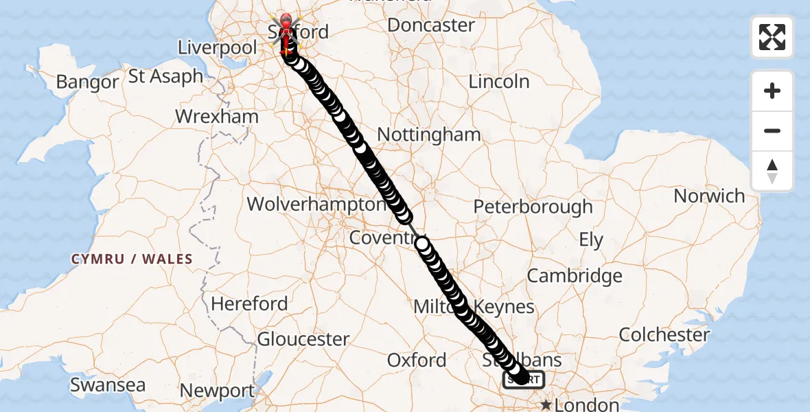 Flight route Air Ambulance Helicopter Elstree Airfield - Manchester Barton Aerodrome, 10 August 2026, 13:21