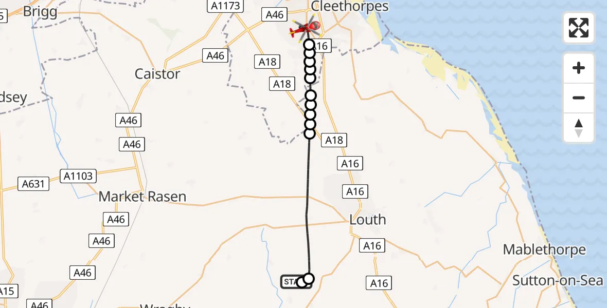 Flight route Air Ambulance Helicopter East Lindsey - Grimsby, 10 August 2026, 13:37