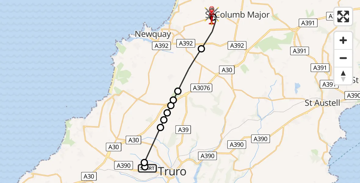 Flight route Air Ambulance Helicopter Treliske Hospital - Cornwall Airport Newquay, 10 August 2026, 13:40