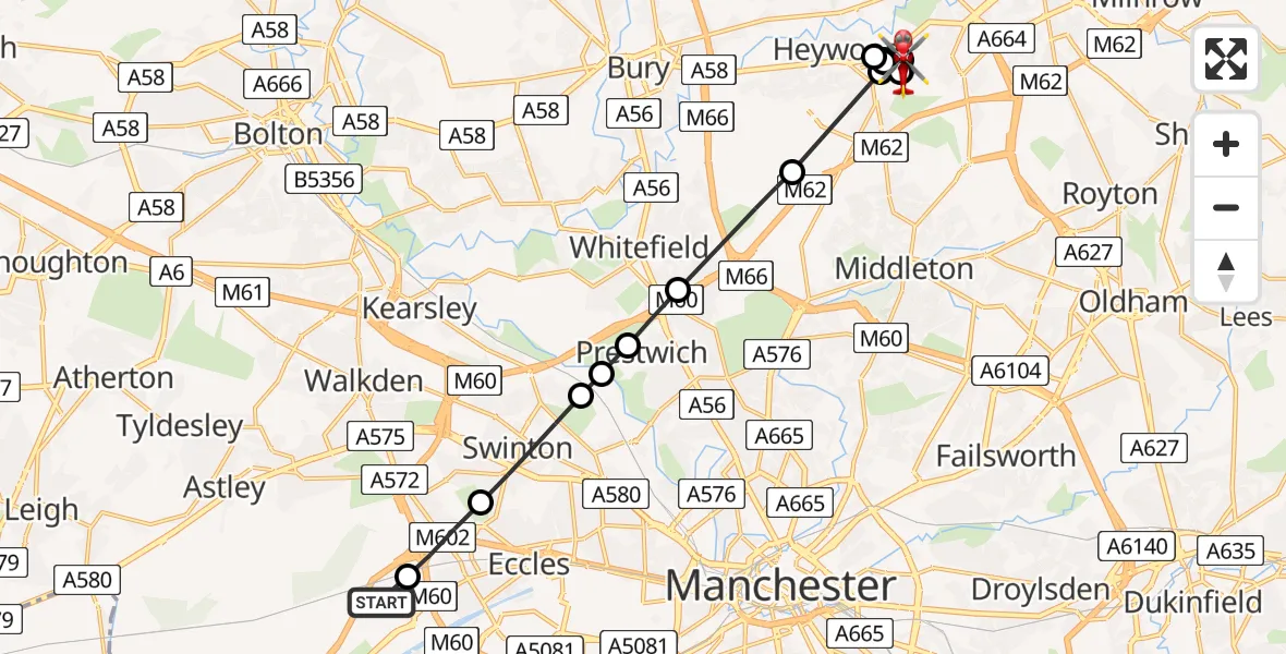 Flight route Air Ambulance Helicopter Manchester Barton Aerodrome - Rochdale, 10 August 2026, 13:45