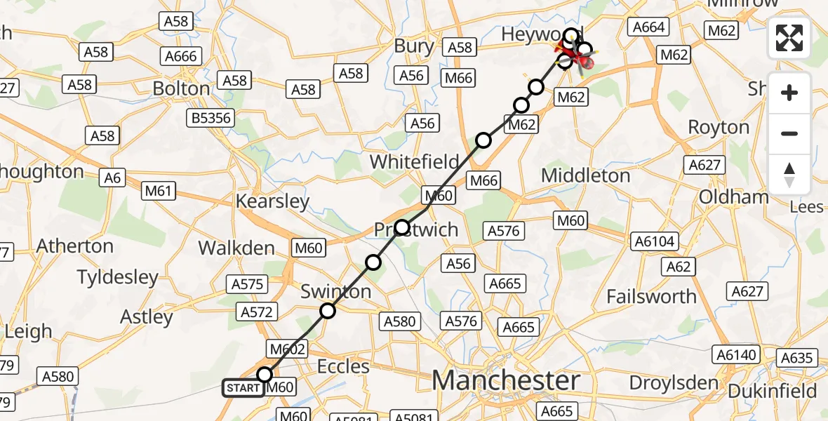 Flight route Air Ambulance Helicopter Irlam - Heywood, 10 August 2026, 13:45