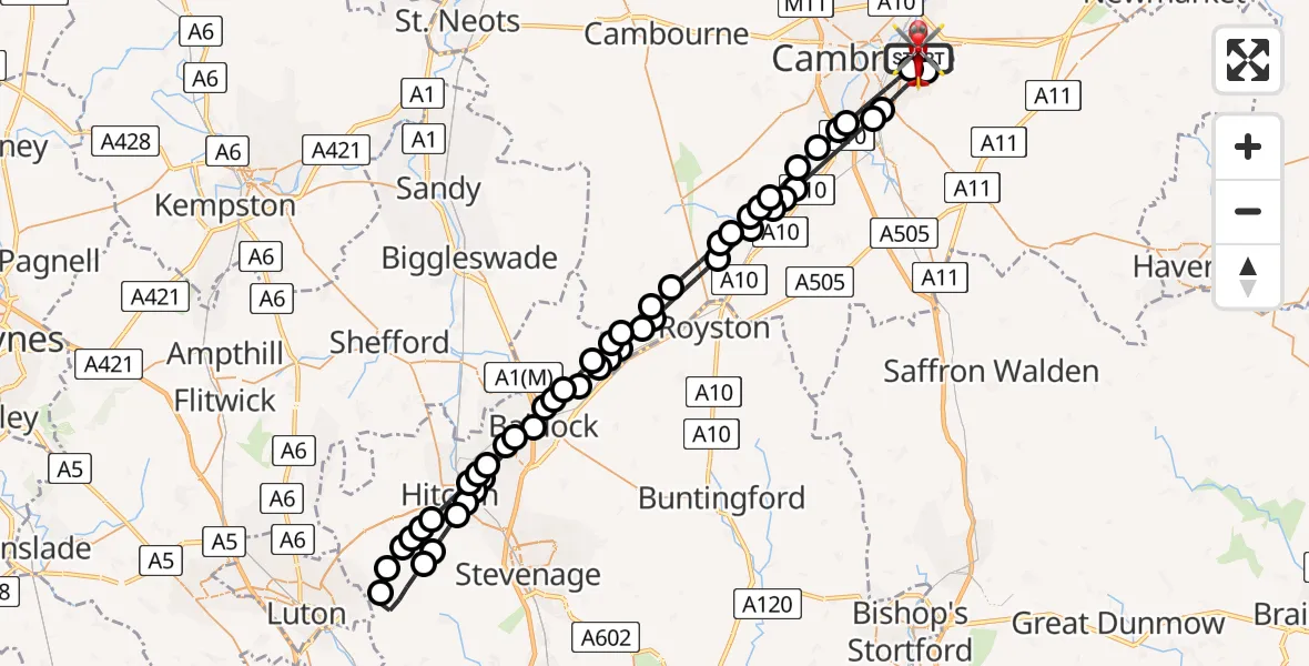 Flight route Air Ambulance Helicopter Cambridge City Airport - Cambridge City Airport, 10 August 2026, 13:48