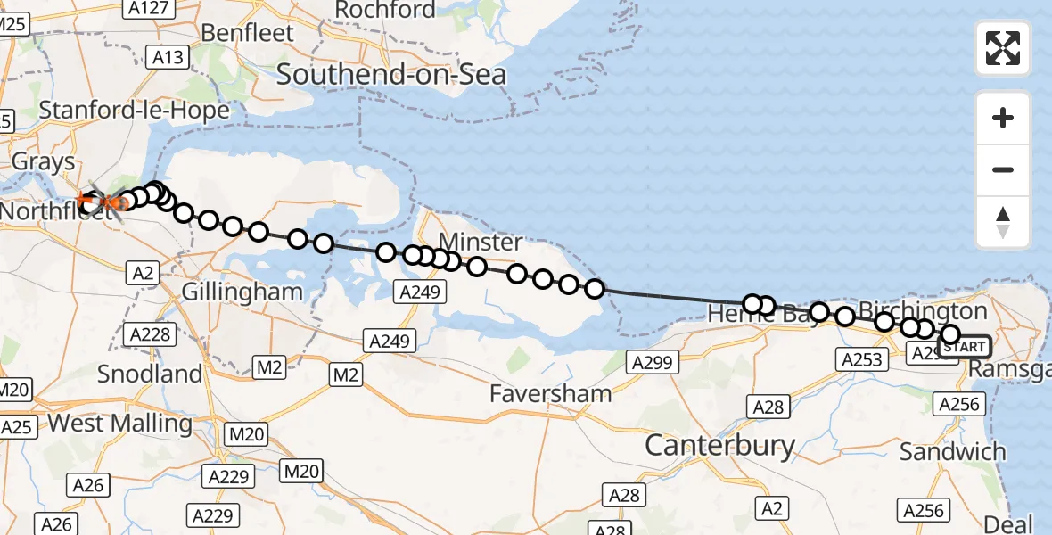 Flight route Coastguard Helicopter Manston Airport - Gravesend, 10 August 2026, 13:55