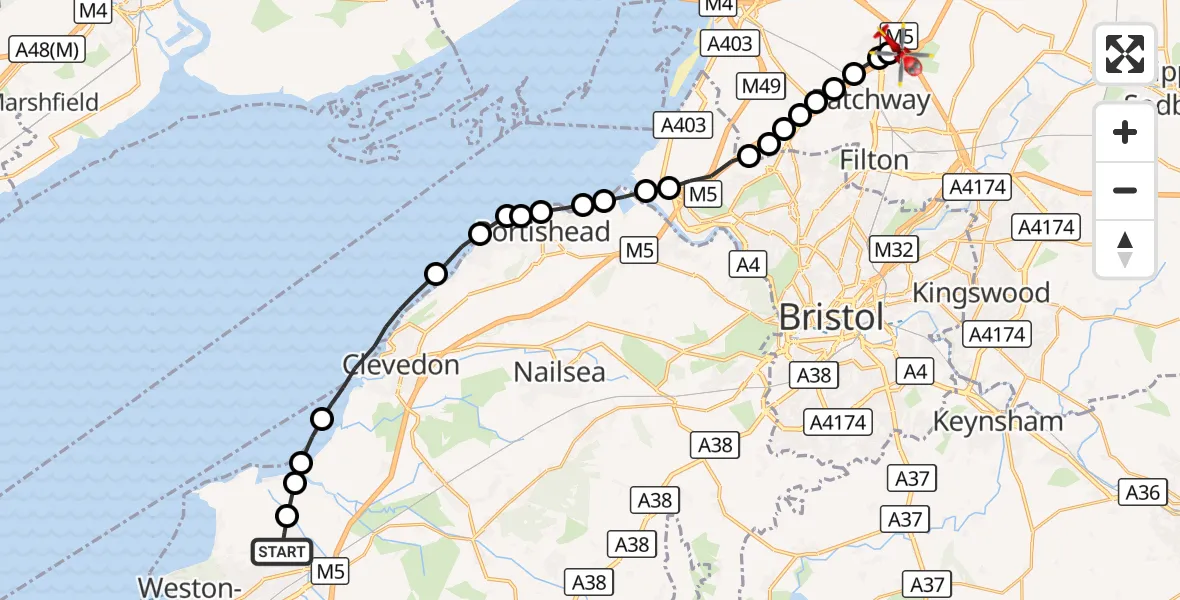 Flight route Air Ambulance Helicopter Weston-super-Mare - Almondsbury Helicopter Base, 10 August 2026, 13:59